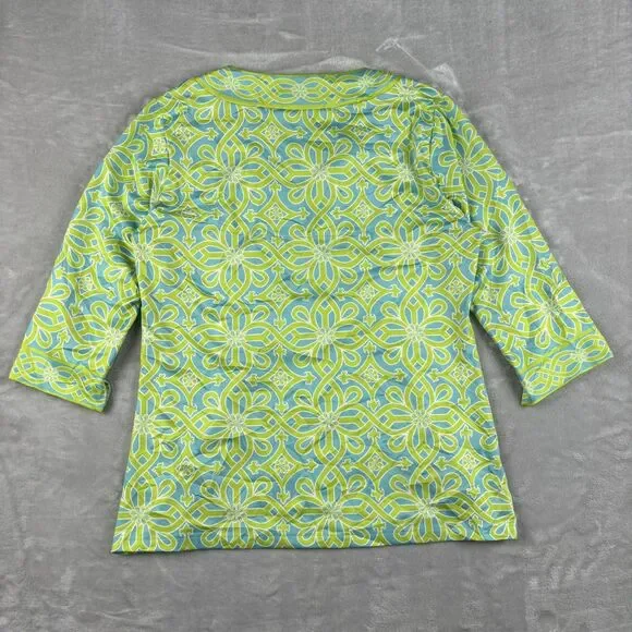 Gretchen Scott Designs Green Blue White Pattern Cotton Tunic Top Sz Large spring - Picture 2 of 9